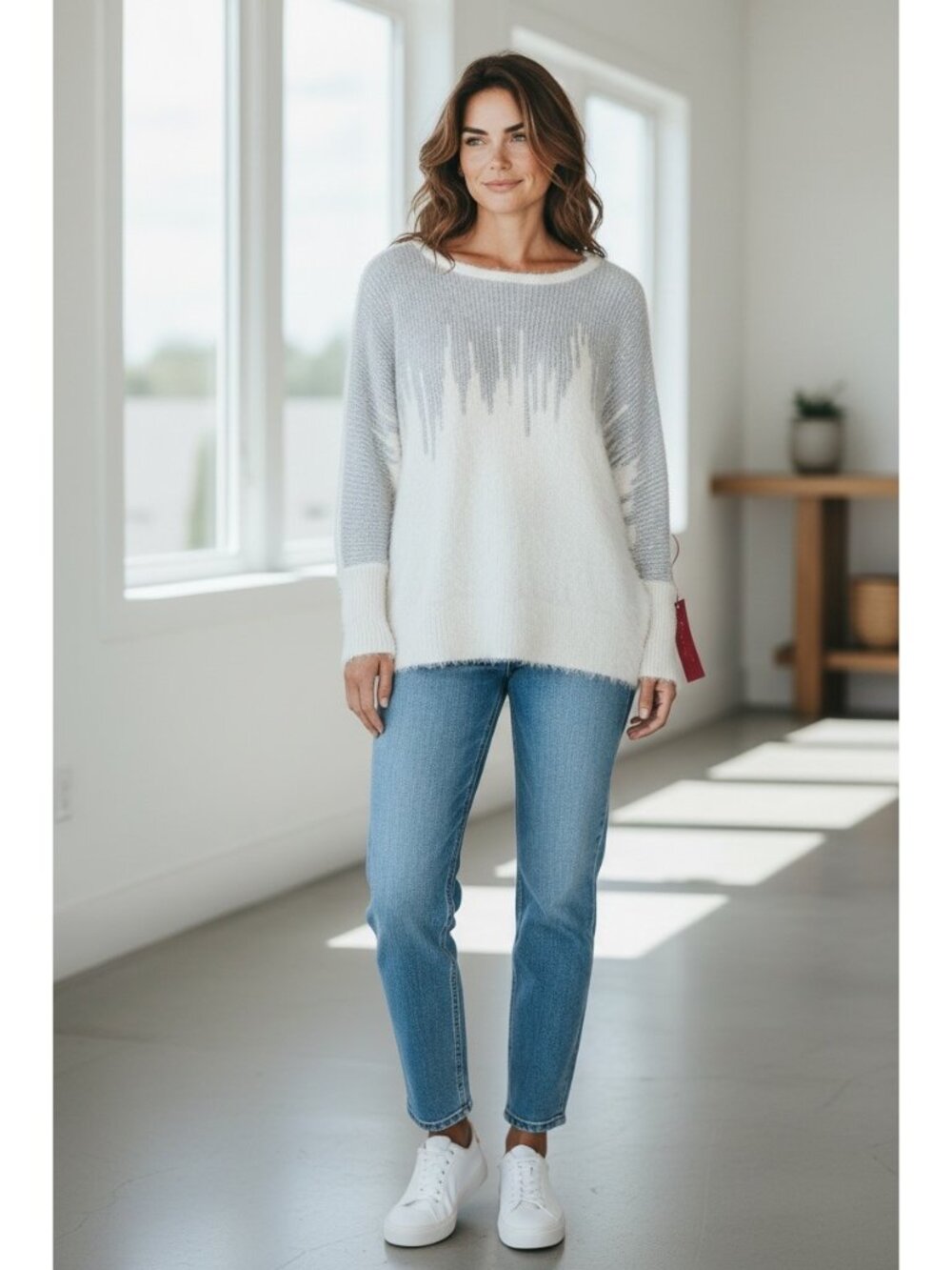 Jennifer Lopez XL Eyelash Knit Sweater White Silver Metallic Ombre NWT